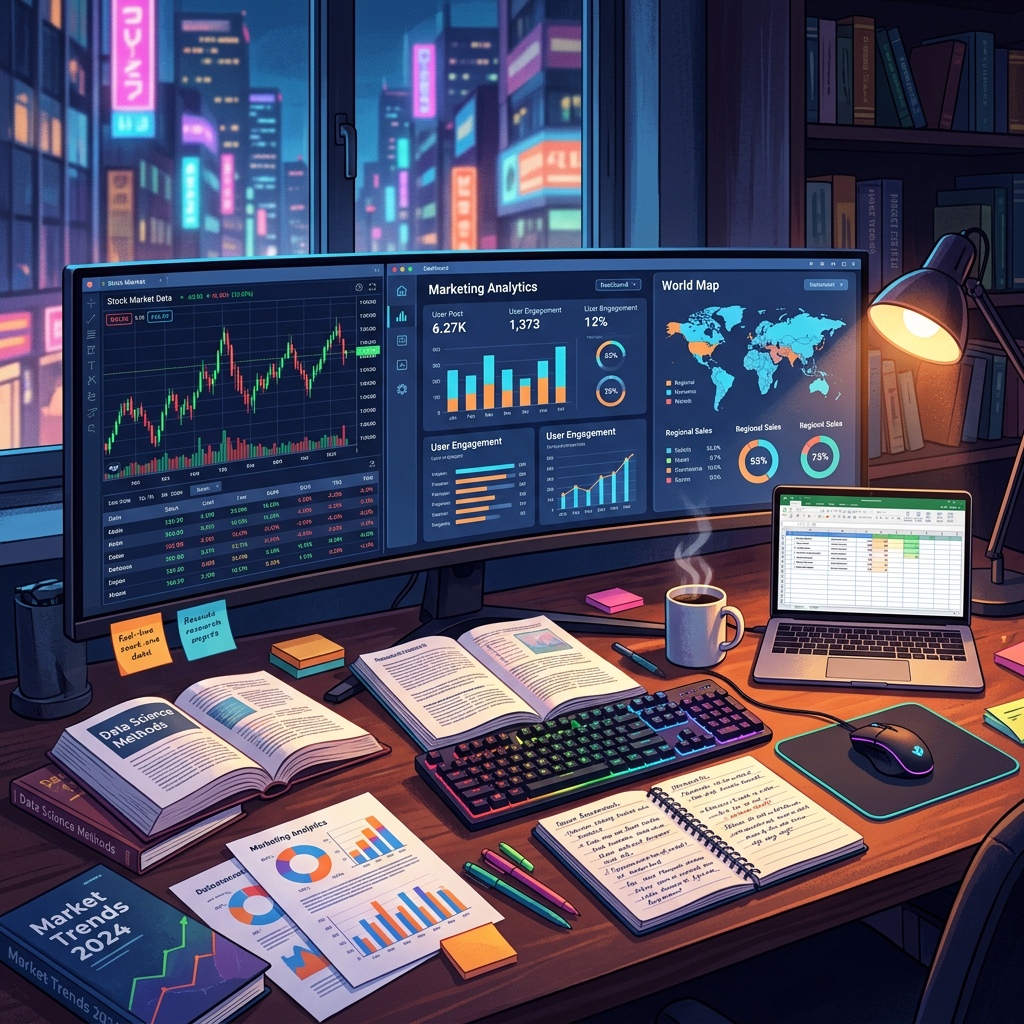 Desk with market analytics dashboards, charts, books, laptop, and study notes